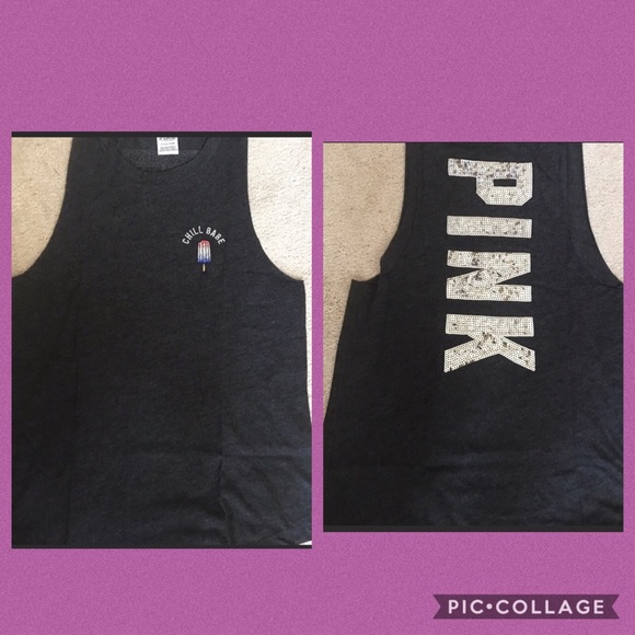 PINK VS SEQUIN BLING MUSCLE TANK GRAY SILVER BLING - Picture 1 of 5